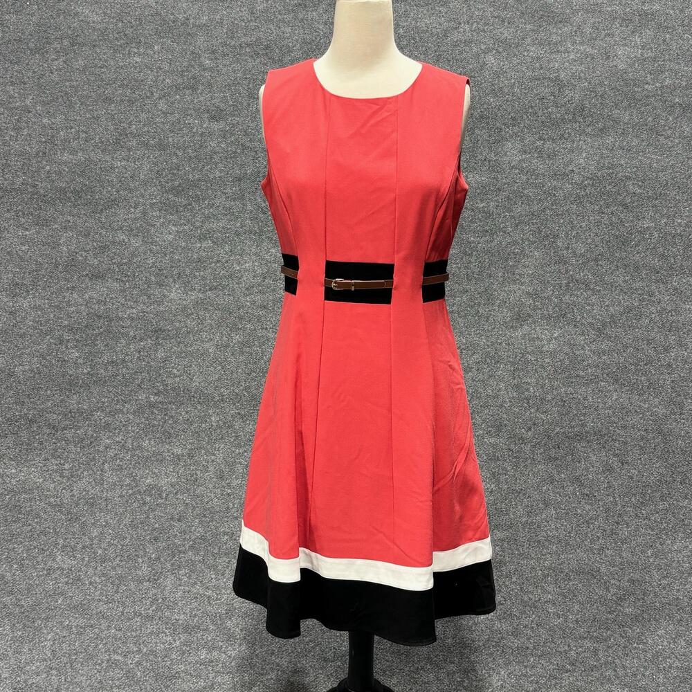 Calvin Klein Dress Womens 8 Pink Colorblock Belted Fit & Flare Knee Length